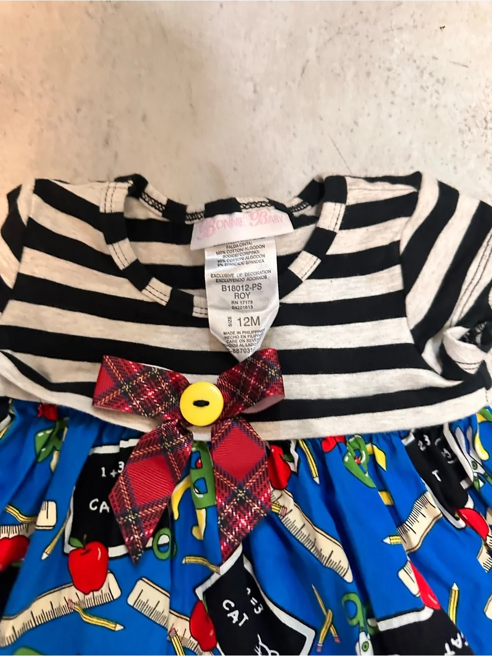 Bonnie Baby 12 M Girls Striped Top School-Themed Blue Skirt Dress Back to School